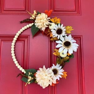 Fall Wreath, Sunflower Wreath, Cream Sunflowers, Mums, Fall Leaves, Pumpkins